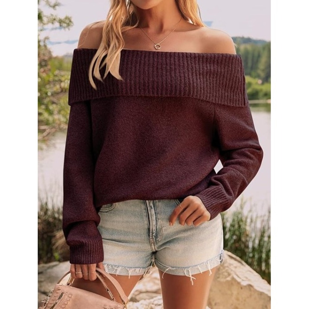 LILLUSORY Off The Shoulder Sweater Womens XS Burgundy Oversized Stay Put Neck